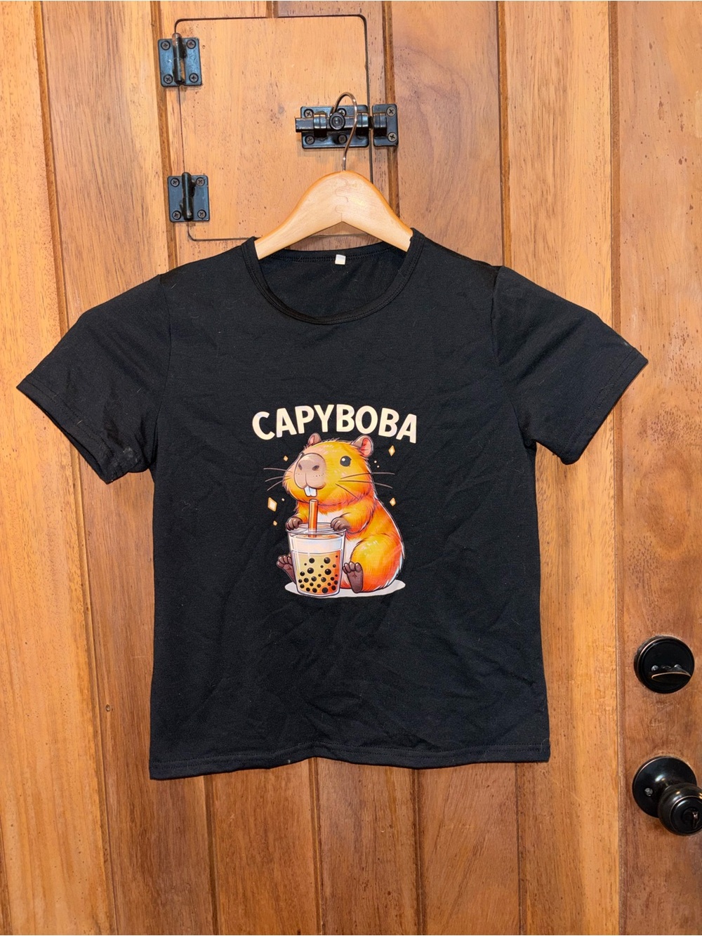 Black 'Capyboba' Graphic Tee with Orange Capybara
